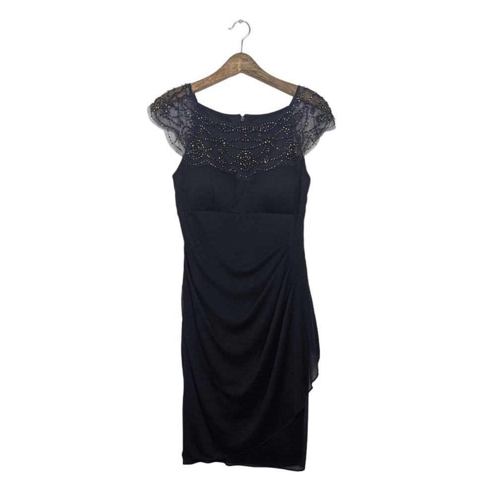 DJ Jaz Navy Grey Short Sleeve Beaded Embellished Sheath Dress Size 8